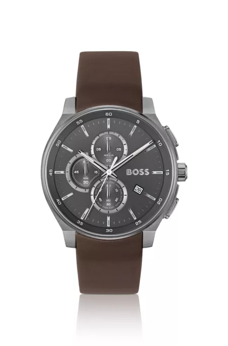 Grey-plated chronograph watch with leather strap