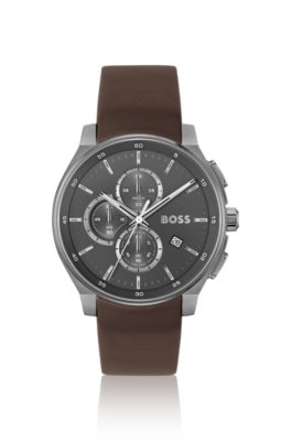 Montre chronographe en acier plaqué gris avec bracelet en cuir