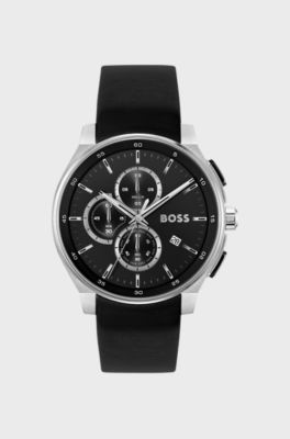 Leather-strap chronograph watch with matte layered dial, Black