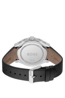 レザーストラップ クロノグラフウォッチ マットレイヤードダイヤル, ブラック