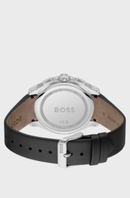 Leather-strap chronograph watch with matte layered dial, Black