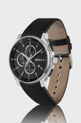 Leather-strap chronograph watch with matte layered dial, Black