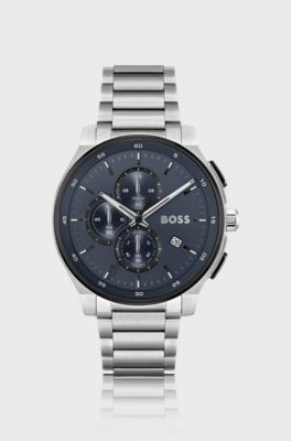 Stainless-steel chronograph watch with matte-blue dial, Silver