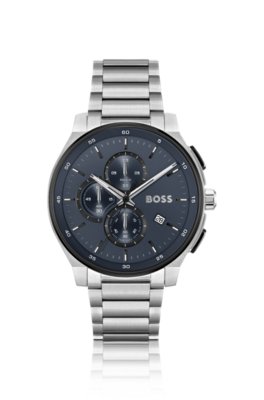 Montre chronographe en acier inoxydable à cadran bleu mat