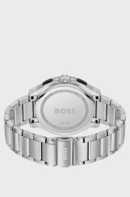 Stainless-steel chronograph watch with matte-blue dial, Silver