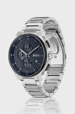 Stainless-steel chronograph watch with matte-blue dial, Silver