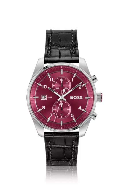 Silver-tone chronograph watch with alligator-embossed leather strap