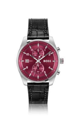 Montre chronographe argentée à bracelet en cuir embossé façon alligator