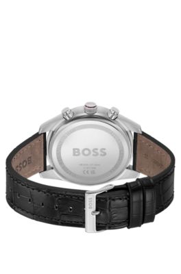 Silver-tone chronograph watch with alligator-embossed leather strap, Red