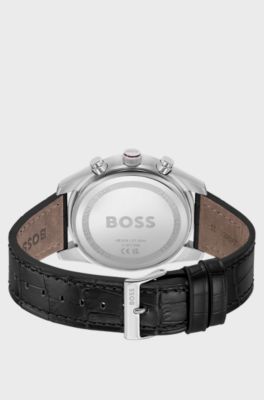 Zilverkleurige chronograaf met polsband van leer met krokostructuur, Rood