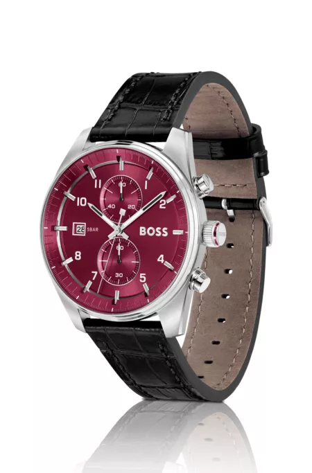Silver-tone chronograph watch with alligator-embossed leather strap