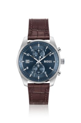 BOSS Blue dial chronograph watch with alligator embossed leather strap Brown