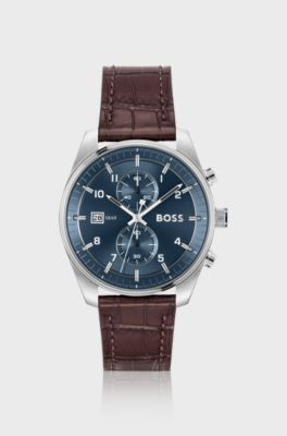Blue-dial chronograph watch with alligator-embossed leather strap, Brown