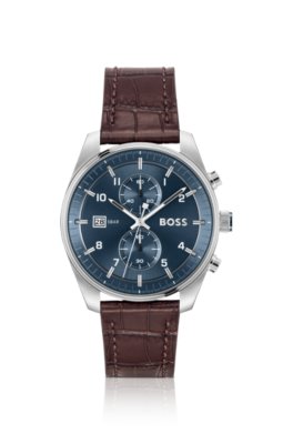 Montre chronographe à cadran bleu avec bracelet en cuir embossé façon croco