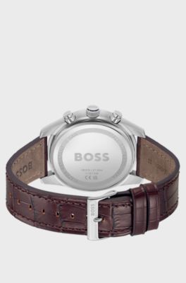 Blue-dial chronograph watch with alligator-embossed leather strap, Brown