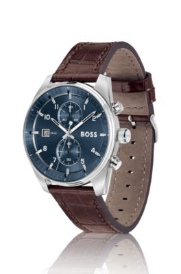 Blue-dial chronograph watch with alligator-embossed leather strap, Brown