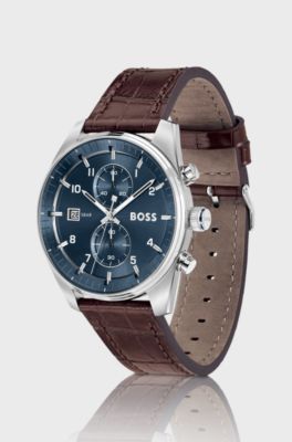 Blue-dial chronograph watch with alligator-embossed leather strap, Brown