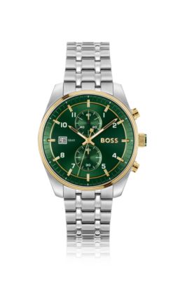 BOSS Two tone chronograph watch with green dial Silver