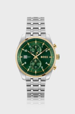 Two-tone chronograph watch with green dial, Silver