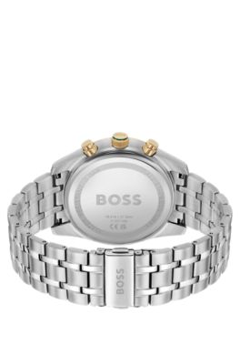 Two-tone chronograph watch with green dial, Silver