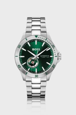 Stainless-steel automatic watch with green dial, Silver