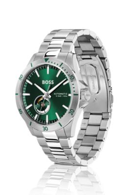 Stainless-steel automatic watch with green dial, Silver
