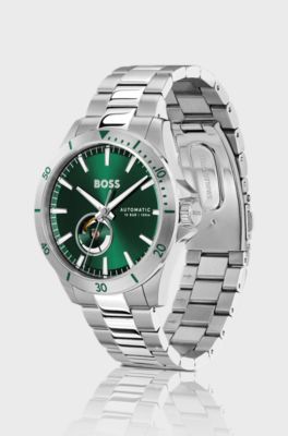 Reloj autom&aacute;tico de acero inoxidable con esfera verde, Plata