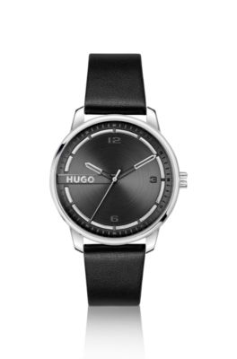 HUGO - Stainless-steel watch with black leather strap - Black