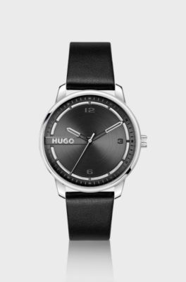 Stainless-steel watch with black leather strap, Black