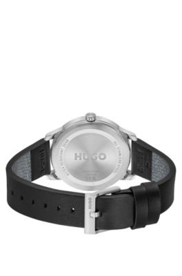 Stainless-steel watch with black leather strap, Black