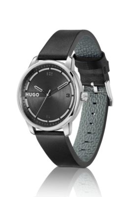 Stainless-steel watch with black leather strap, Black