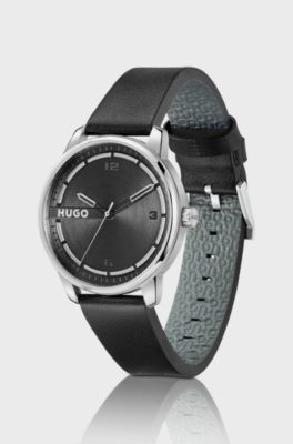 Black-leather-strap watch, Black