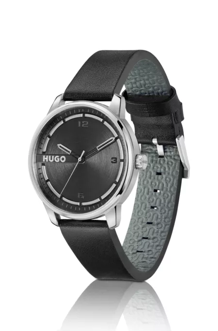 Stainless-steel watch with black leather strap
