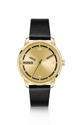 HUGO - Gold-tone watch with black leather strap - Gold