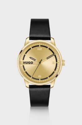 Goldfarbene Uhr mit schwarzem Lederarmband, Gold