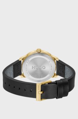 Goldfarbene Uhr mit schwarzem Lederarmband, Gold
