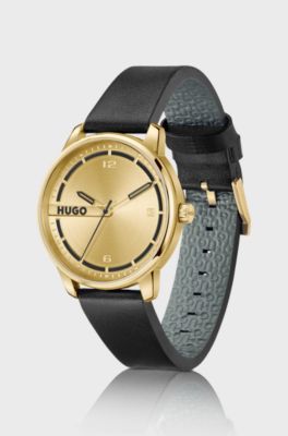 Goldfarbene Uhr mit schwarzem Lederarmband, Gold