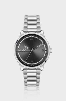 Silver-tone watch with black dial, Silver