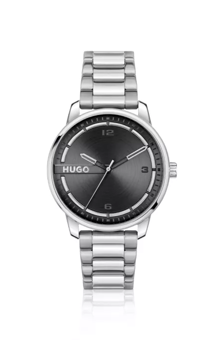 Silver-tone watch with black dial