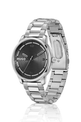 Silver-tone watch with black dial, Silver
