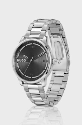 Silver-tone watch with black dial, Silver
