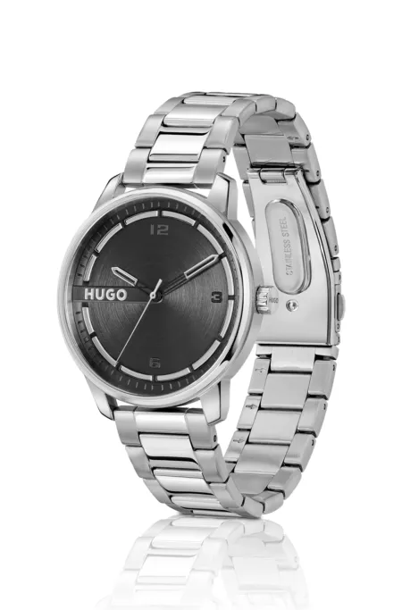 Silver-tone watch with black dial