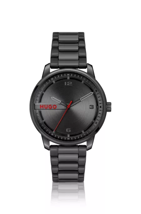 Black-steel watch with circular-brushed dial
