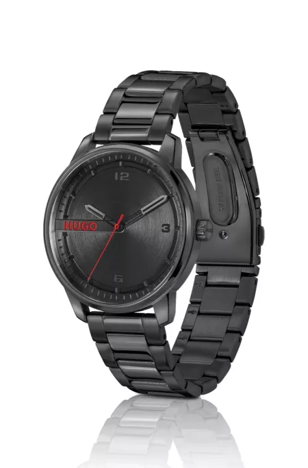 Black-steel watch with circular-brushed dial