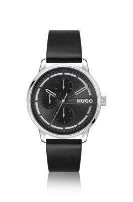 Stainless-steel watch with black dial and leather strap, Black