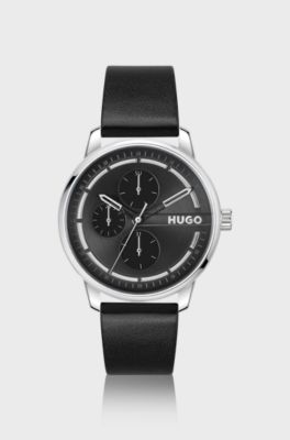 Stainless-steel watch with black dial and leather strap, Black