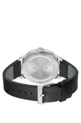 Stainless-steel watch with black dial and leather strap, Black