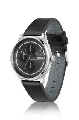 Stainless-steel watch with black dial and leather strap, Black