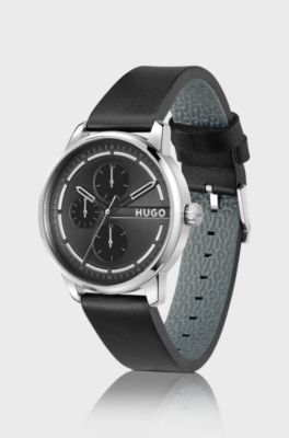 Stainless-steel watch with black dial and leather strap, Black