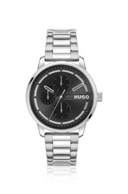 Stainless-steel link-bracelet watch with black dial, Silver